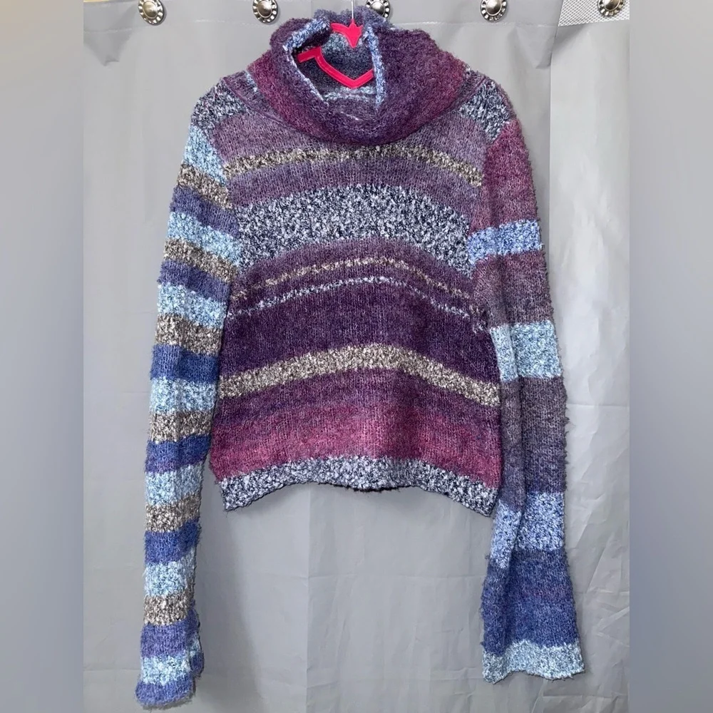 Free People My Girl Fluffy Striped Turtleneck Cropped Sweater Size M
